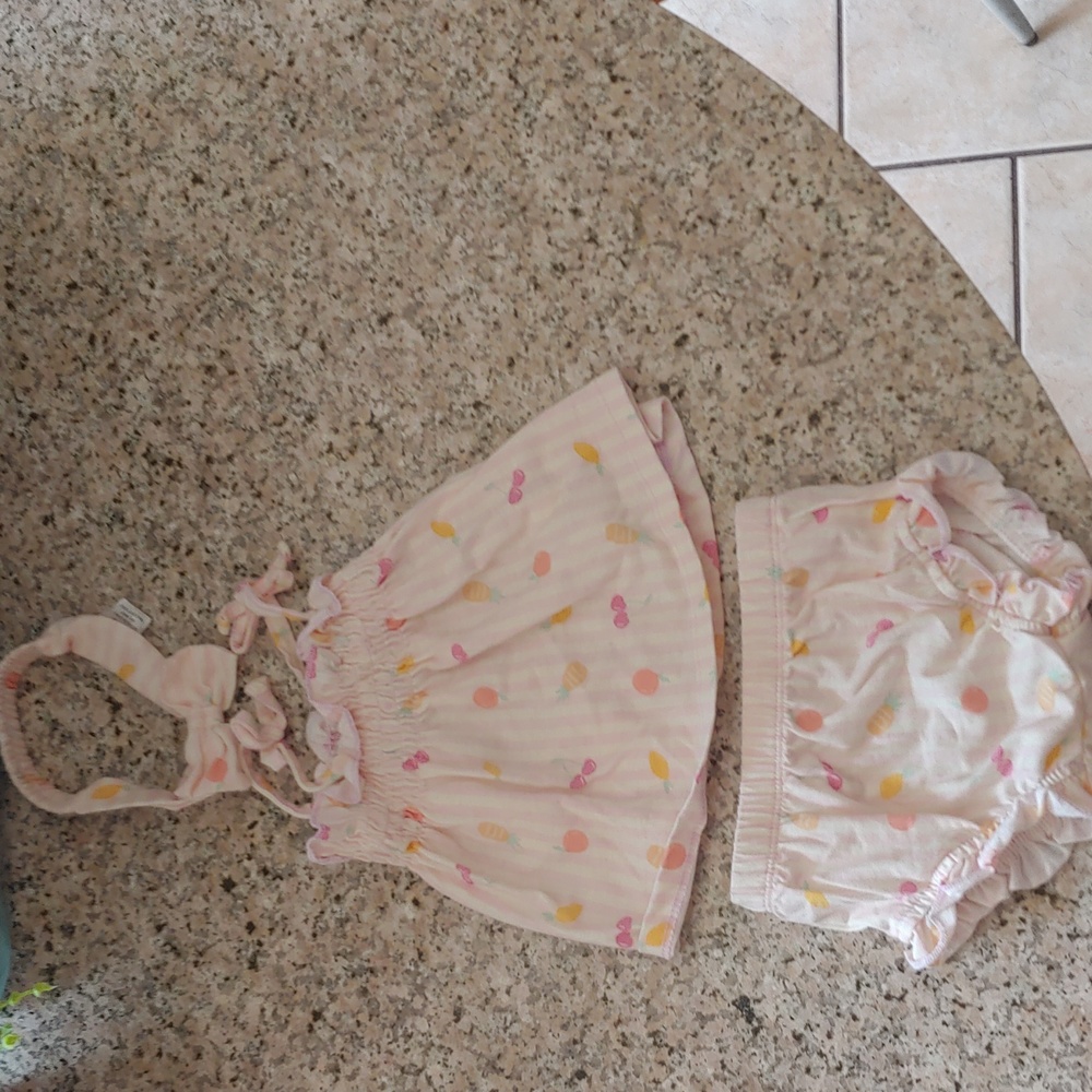 3 peice set 0-3 months pink stripes with fruit pattern brand unknown like new